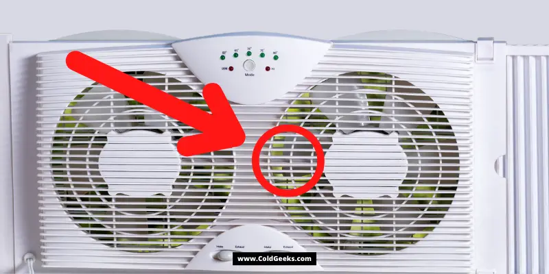 Window fan with red arrow and red circle—4 Most Common Problems with Bionaire Window Fans