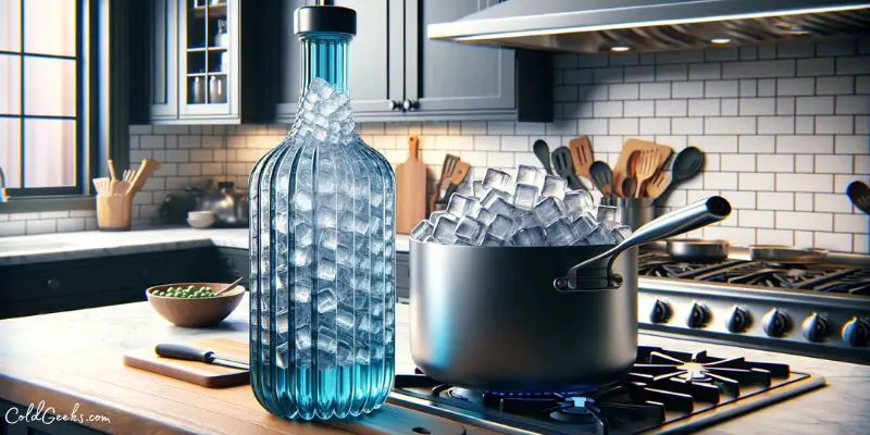 ice paddle full of ice cubes in a realistic kitchen setting next to a large pot - What is an ice paddle