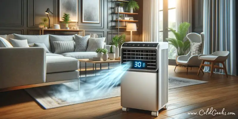 Efficient portable air conditioner in stylish room, cool air visible - How to Make a Portable Air Conditioner Colder