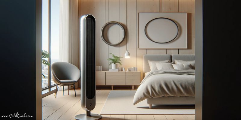 Modern bedroom with sleek bladeless tower fan in the corner. - How to Clean a Bladeless Fan