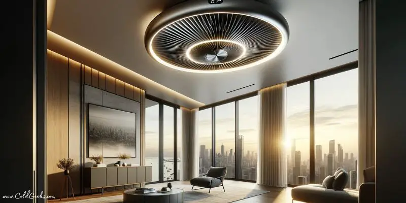 Modern room with bladeless fan and city skyline through window - Are Bladeless Ceiling Fans Any Good
