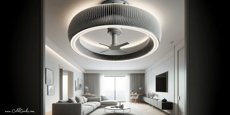 Modern room with sleek bladeless ceiling fan mounted on ceiling - What Is a Bladeless Ceiling Fan