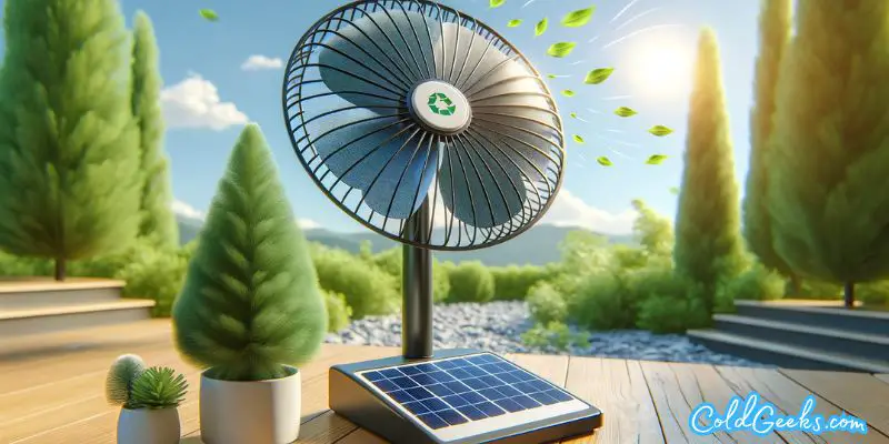 Solar-powered fan operating outdoors under clear blue sky with greenery. - What Are Solar Fans