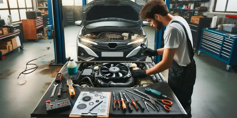 Mechanic inspecting car's radiator fan in organized automotive workshop -- How to Check If Your Radiator Fan Is Working