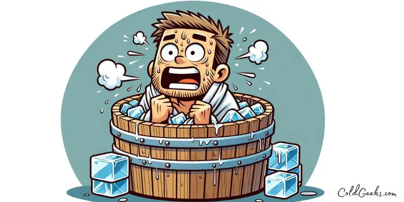 Cartoon man in ice bath shivers, wrapped in towel, feeling cold -- How Long Should You Stay in an Ice Bath