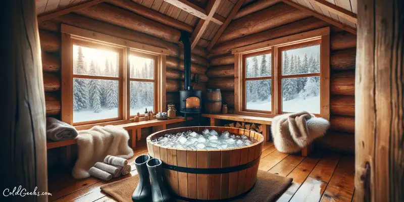 Cozy cabin with ice bath tub and preparation items, winter view -- What to do before an ice bath