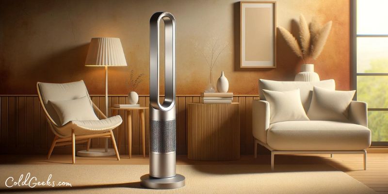 Dyson Cool AM07 in a warm minimalist living room - Best Dyson Fan for Cooling