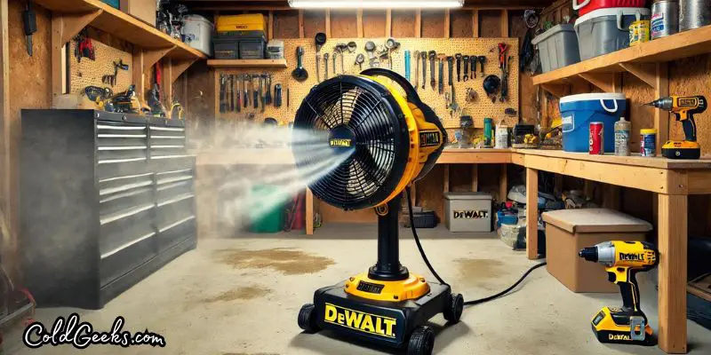 Dewalt misting fan in a well-equipped garage workspace with tools -- Problems with DeWalt Misting Fans